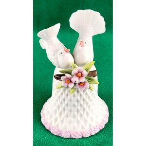 Lefton Porcelain Bell with Doves Wedding Pink Floral Hand Painted JH1394